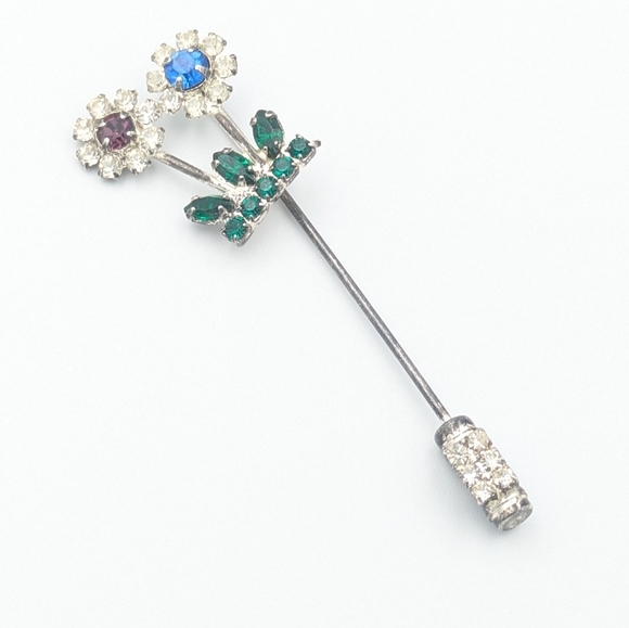 Vintage mid-century very sparkly rhinestone flower stick pin / hat pin/lapel pin - Picture 5 of 6